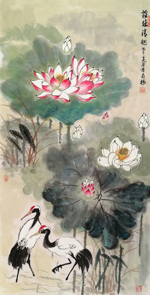 A tall painting of a lotus pond washed in pale green: large ink-and-green lotus leaves, a pink lotus flower above, a white lotus and buds, and a pair of red-crowned cranes standing at the bottom.