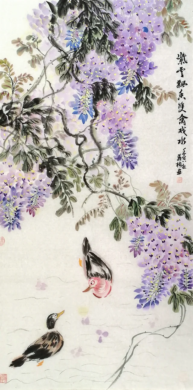A tall painting of purple wisteria hanging from twisting ink vines at the top, and below, on pale water drawn with a few fine lines, two waterbirds swimming, one above the other.