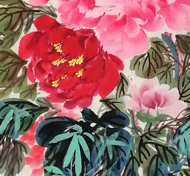 A crimson peony among ink-green leaves, the veins drawn in quick strokes.