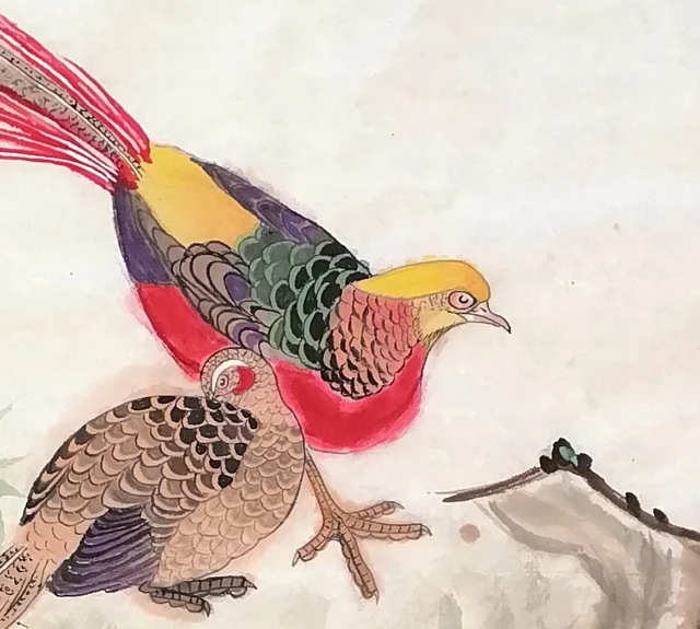 The male pheasant’s golden crest and plumage, painted feather by feather.