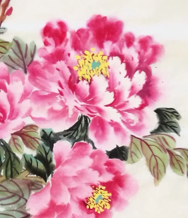 Pink peonies hanging from the top, in clear layers.