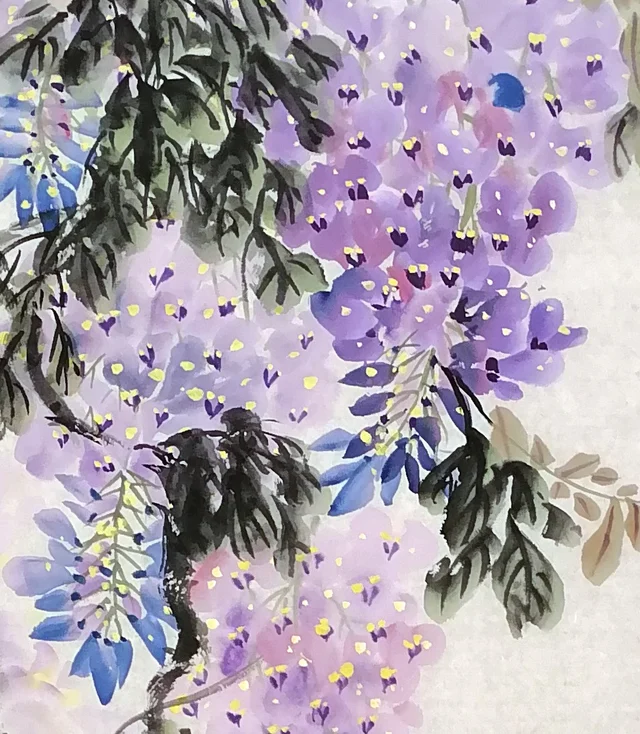 Wisteria clusters dabbed in violet and blue-violet, touched with yellow.