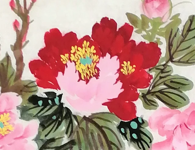 The great red peony crowning the composition.