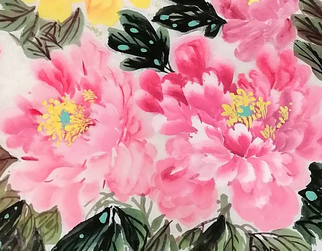 Pink peonies, their leaves dotted with mineral green.