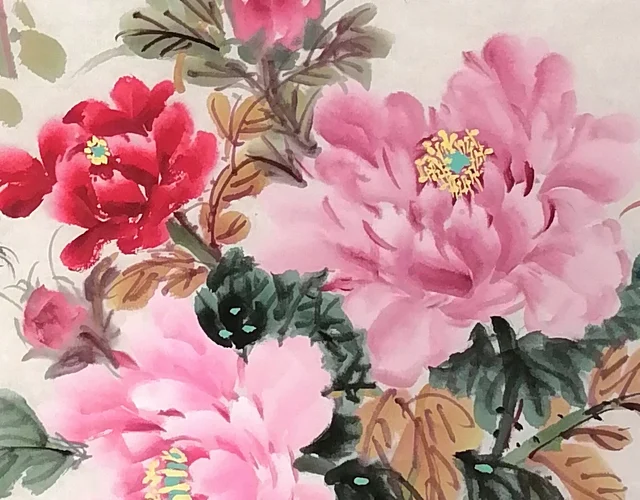 A red peony and buds among green-dotted leaves.