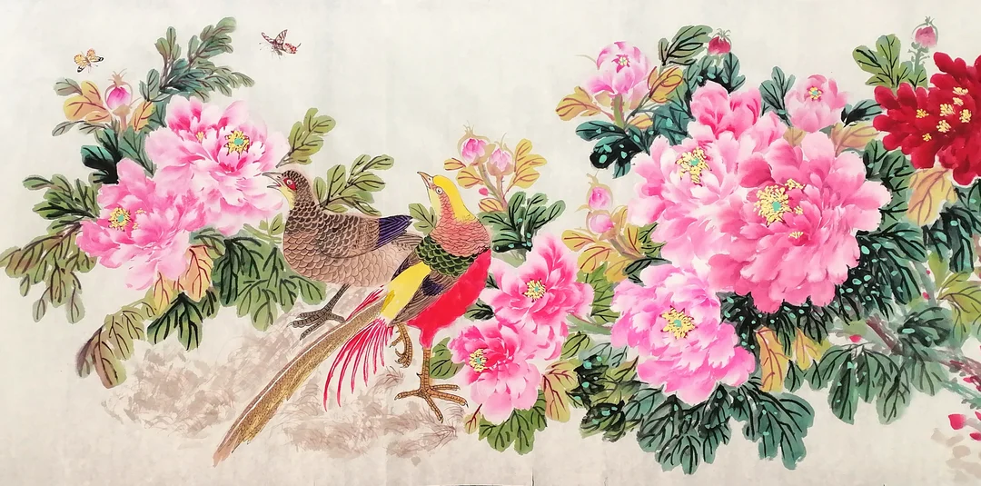 A wide painting of pink peonies spread across the sheet, a deep red bloom at the upper right, two small butterflies at the upper left, and a pair of golden pheasants on a pale bank at the centre, the male with a golden crest, red breast and long tail.