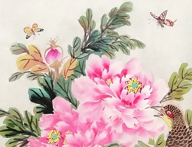 Two butterflies above the peonies at the left.