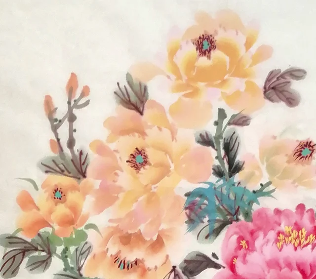 Apricot peonies at the top, soft as morning cloud.