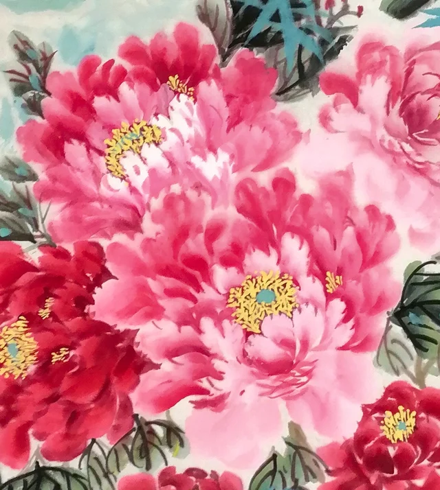 Crimson and pink peonies, every petal shaded, stamens dotted gold.