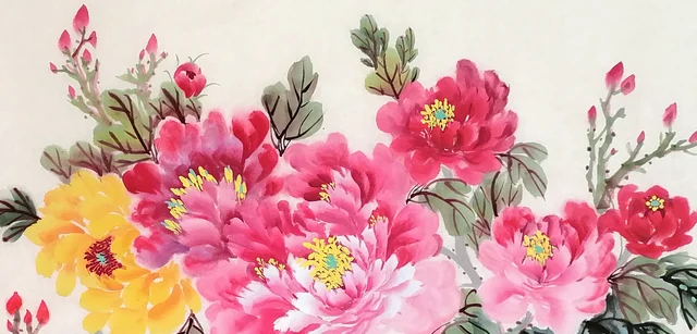 Crimson, golden and peach peonies crowding the right half.