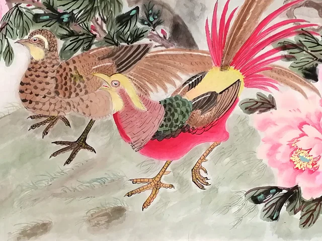 The pheasant pair; the male raises his tail and looks back.