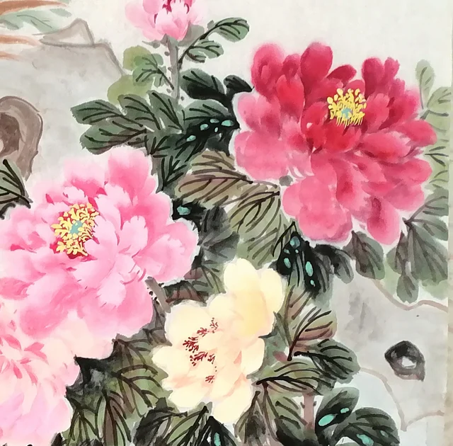 Crimson and pale yellow peonies on the right.