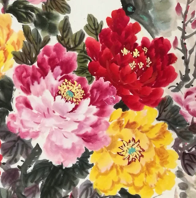 Crimson, peach and yellow peonies, every petal shaded.