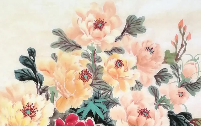 Apricot peonies at the top, pale and warm.