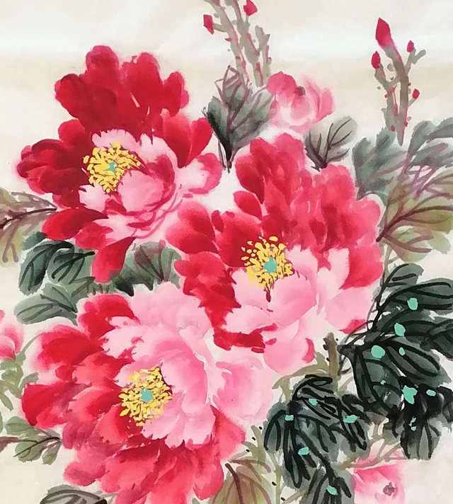 Crimson and peach peonies, rich at the base of the petals.