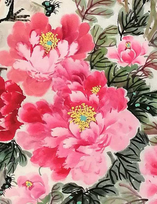 Pink peonies with golden stamens, leaves dotted with green.