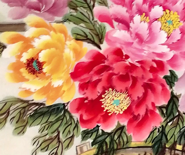 Crimson and apricot peonies in full bloom.