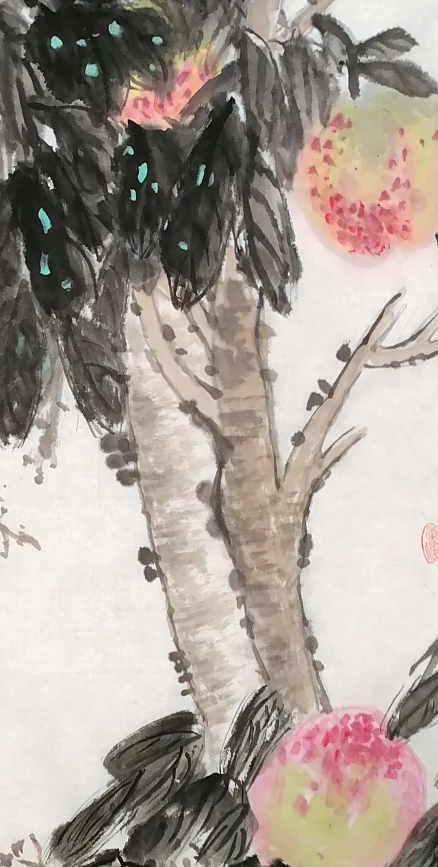 Wet-ink leaves touched with blue, and the trunks in pale ink and ochre.