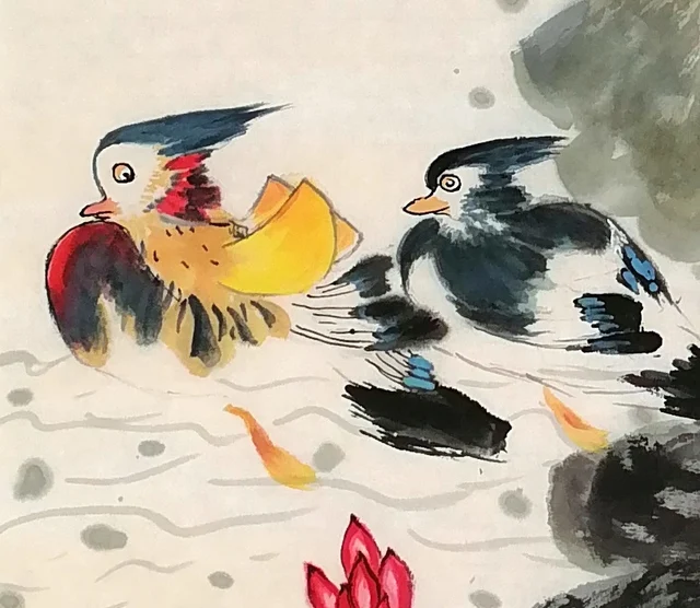 The pair of mandarin ducks on the ripples.