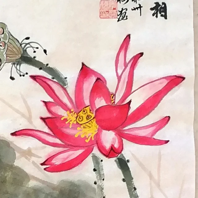A red lotus with a yellow seed-pod.
