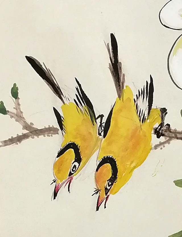 Two yellow orioles, one looking down, one singing.