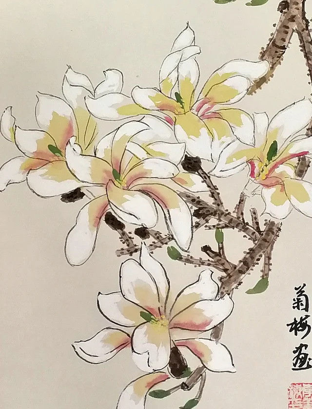 White magnolias outlined in pale ink.