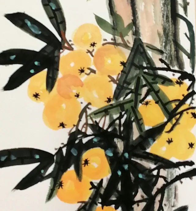 Bunches of loquats, each tipped with a dot of ink.