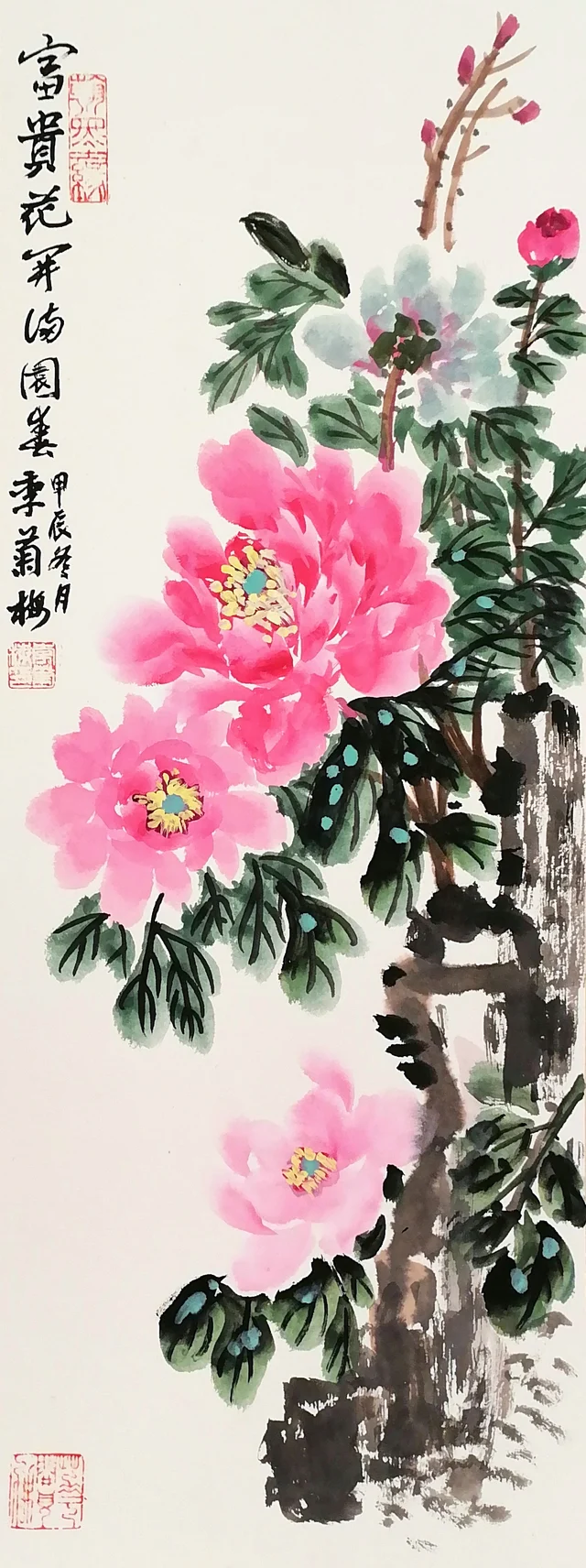 A tall narrow painting on card of pink and peach-red peonies, with one pale blue-green bloom, growing around a dark ink garden rock; calligraphy at the upper left.