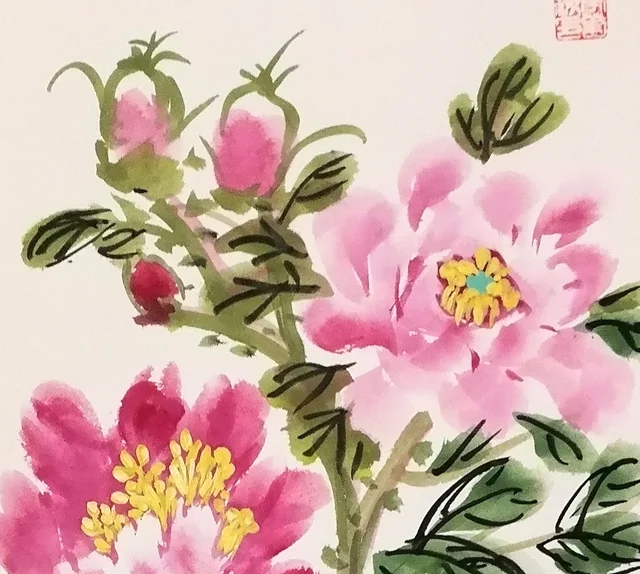 Pink peonies with thin petals, washed in lightly.