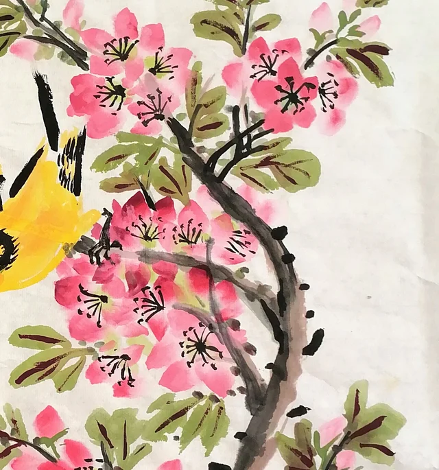 Crabapple blossom, stamens flicked in ink.
