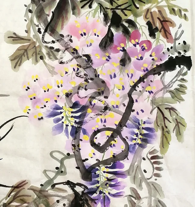 Wisteria clusters in violet and blue-violet.