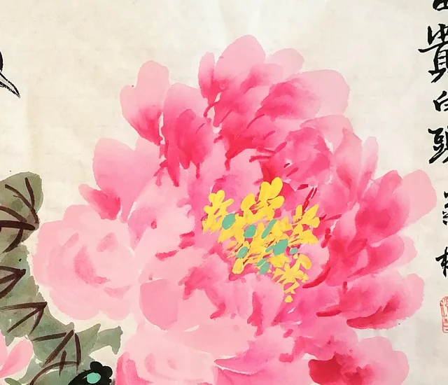 The great pink peony with golden stamens.