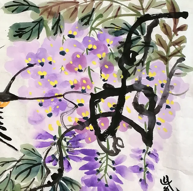 The coiling vine and soft clusters of wisteria.