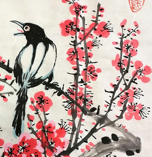 Red plum blossom with ink stamens.
