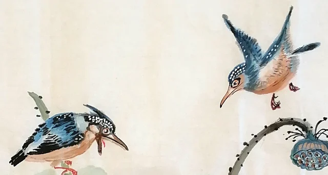 The kingfishers, one perched, one diving.