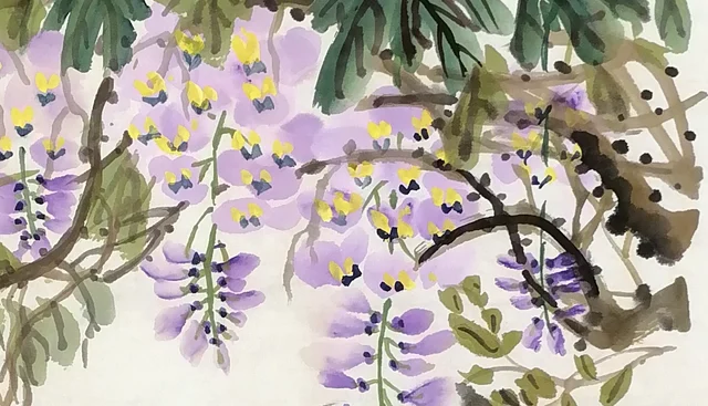 Twining vines and flowers with yellow centres.