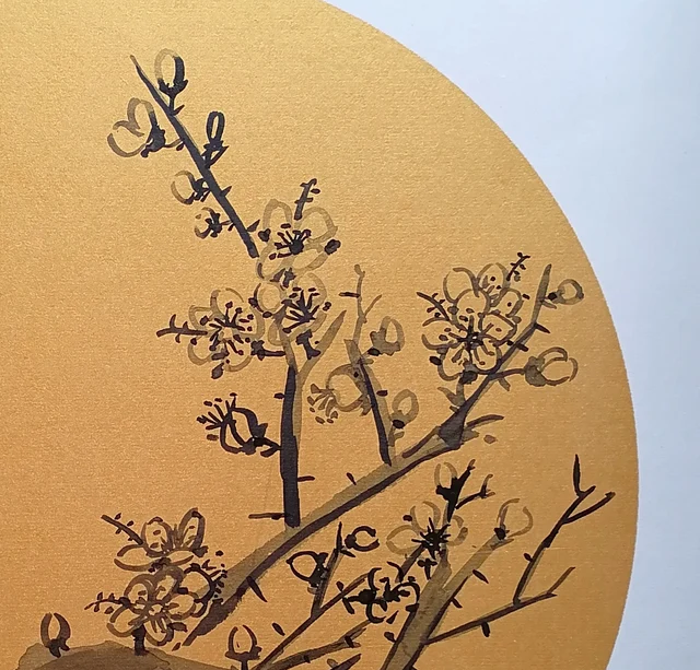 Plum blossoms ringed in pale ink, without colour.