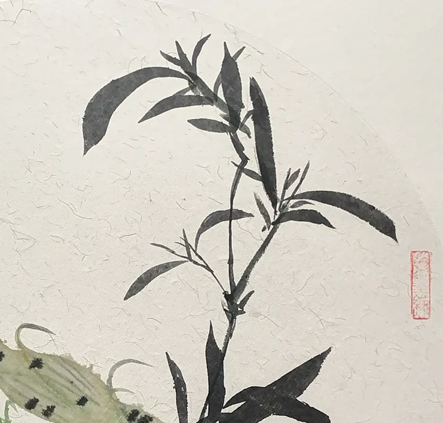Stems of bamboo with dark-ink leaves.