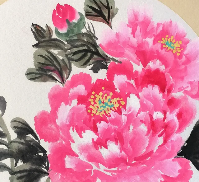 The peony, shaded in layers around golden stamens.