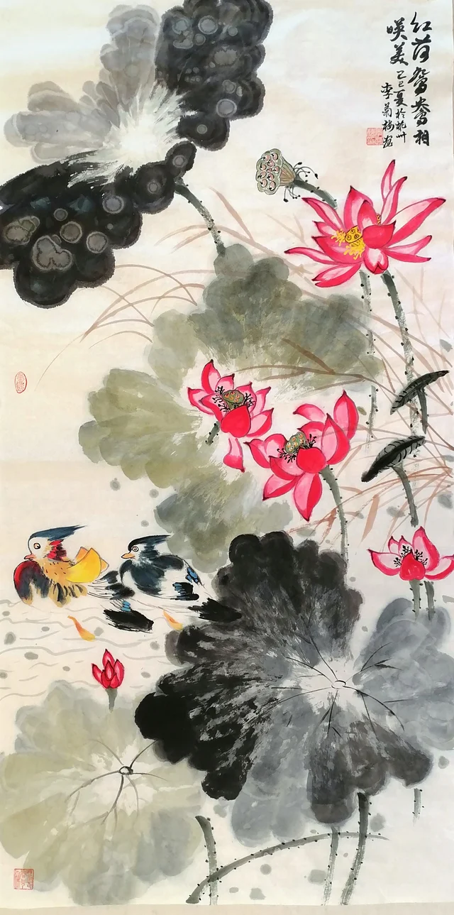 A tall painting of a lotus pond: huge leaves splashed in dark and pale ink, several red lotus flowers, and a pair of mandarin ducks swimming at the centre left; calligraphy at the upper right.