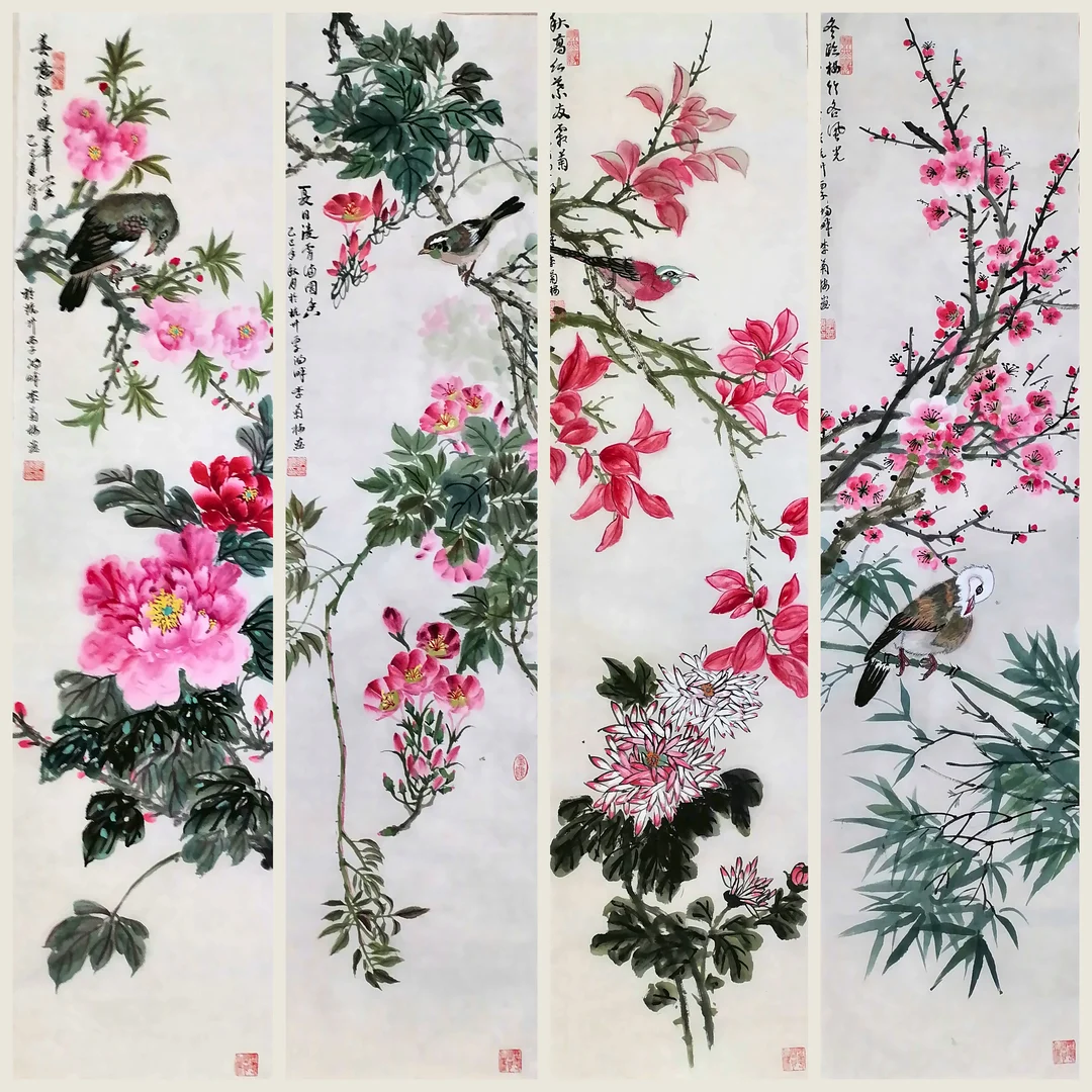 Four tall narrow panels side by side: spring with pink blossom, a bird and peonies; summer with orange trumpet creeper and a bird; autumn with red leaves, a red bird and chrysanthemums; winter with red plum, bamboo and a white-headed bird; a column of calligraphy at the top of each.
