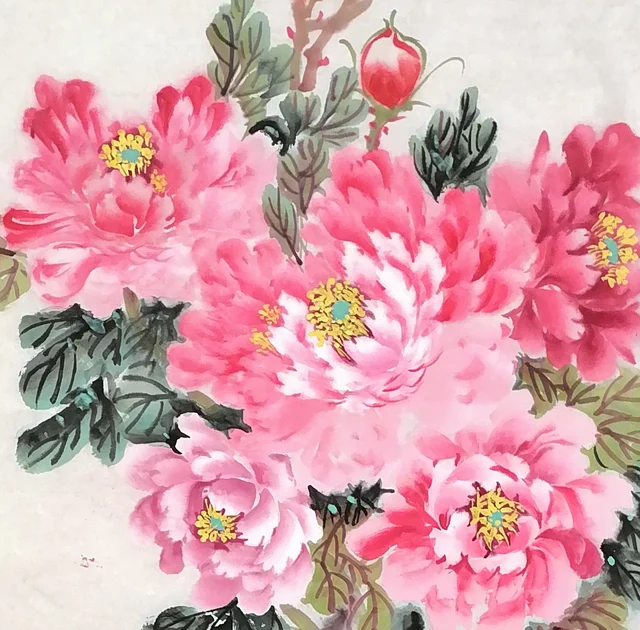 The upper peonies in peach and deep rouge.