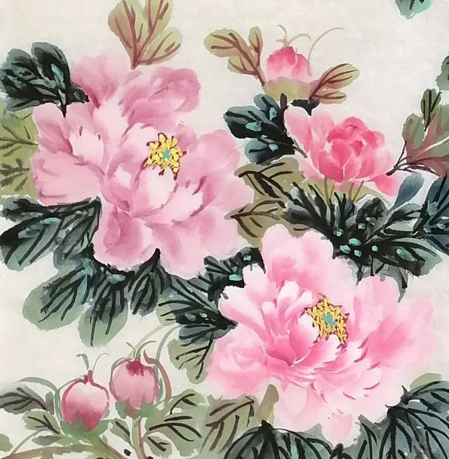 Three soft pink peonies at the lower left.