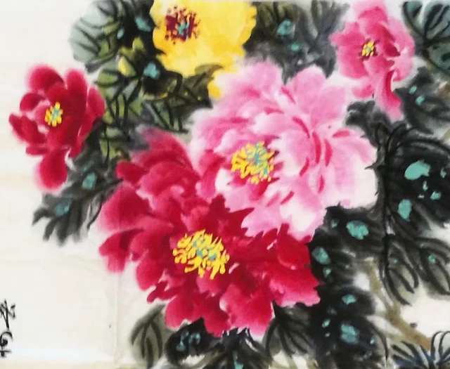 Vermilion peonies at the top, with one in yellow.