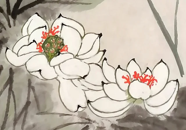 Two white lotuses below, with vermilion stamens.