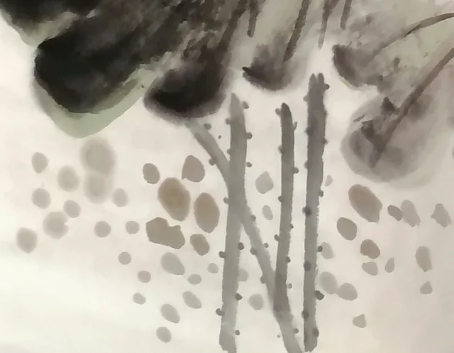 Upright stalks among dots of pale ink.