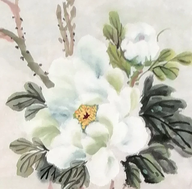 A white peony at the upper right, clean as jade.