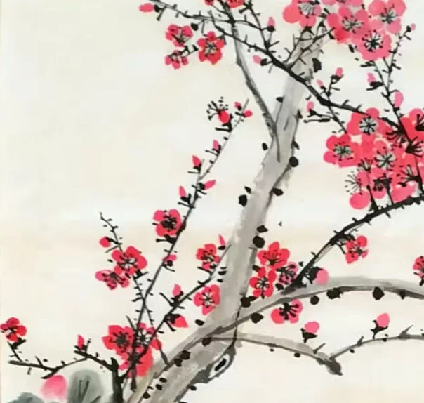 The old plum bough, its blossoms dotted in rouge.