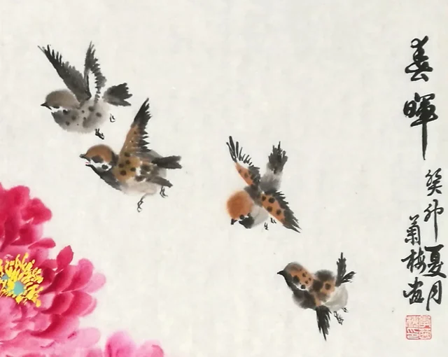 Sparrows in flight at the upper right, beside the title.