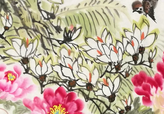 White magnolias outlined in pale ink.